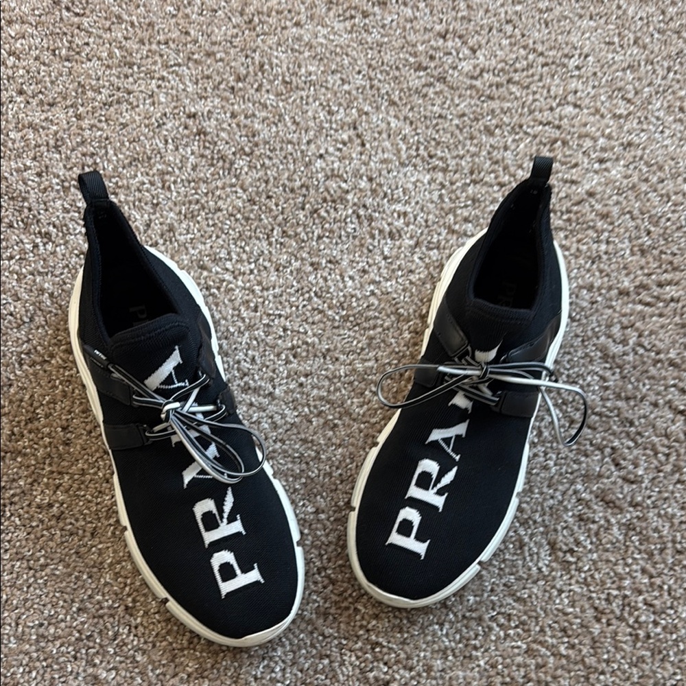 Prada Black and White Sneakers with Modern Knit Design